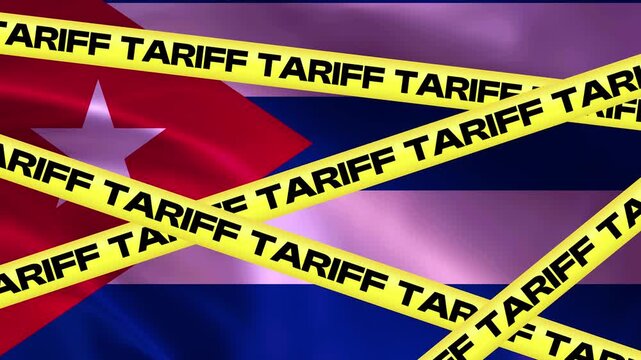 Tariff Barrier on Cuba Flag: Yellow caution tape with the word TARIFF repeatedly printed on it is stretched across a waving Cuban flag, symbolizing economic sanctions and trade restrictions.