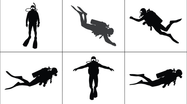 Scuba Diver Silhouette Collection with Underwater Diving Poses and Marine Adventure Vector Illustrations