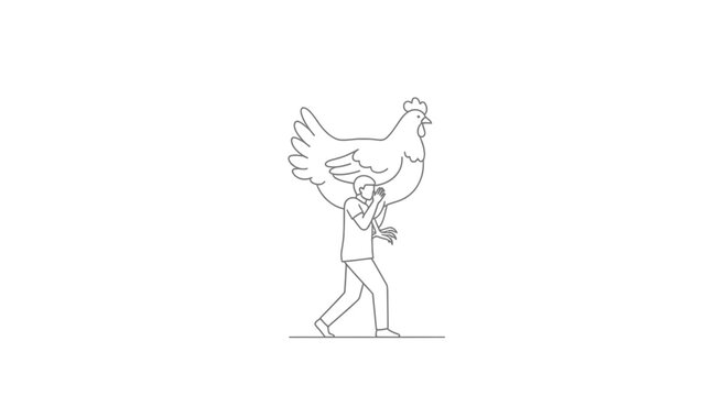Man carrying giant chicken on shoulders, surreal, funny, absurd concept