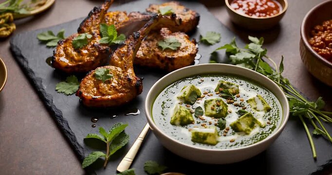 Grilled lamb chops and paneer dish with various chutneys on a dark table, showcasing a delicious Indian meal spread.