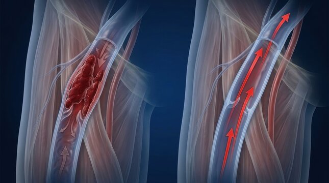 Comparison of a healthy vein with a blood clot blocking blood flow