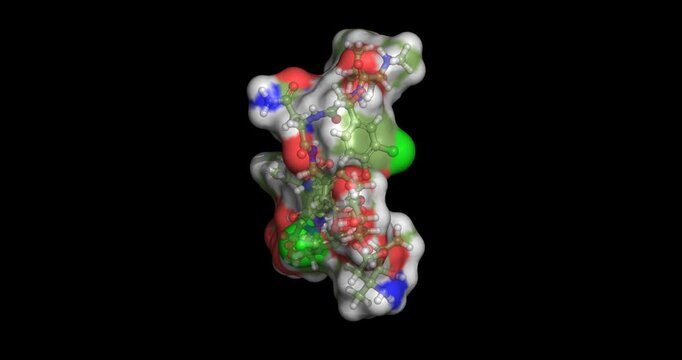 Vancomycin, antibiotic drug/glycopeptide and bacterial cell wall synthesis inhibitor for severe infections, 3D molecule spinning, 4K