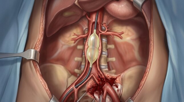 Surgical repair of abdominal aortic aneurysm with endovascular stent graft insertion