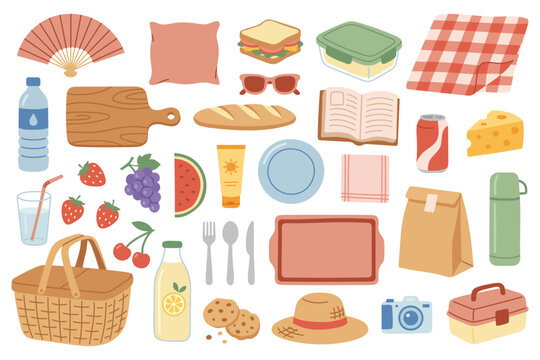 Picnic flat icon set in modern soft color palette. Collection of summer outdoor elements including basket, blanket, food, drinks, tableware and lifestyle accessories. Fruits, sandwich, cheese, baguett