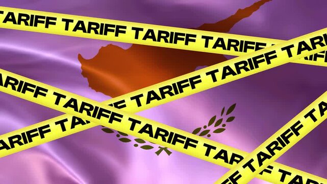 Cyprus Economy Restricted by Tariffs: The flag of Cyprus is draped and partially obscured by yellow warning tape emblazoned with the word TARIFF.