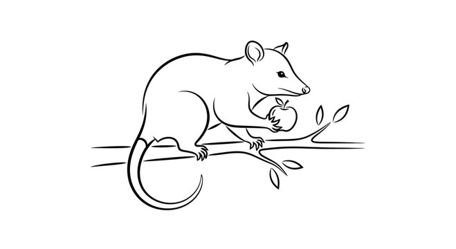 Line Art Drawing of a Possum Holding an Apple on a Branch
