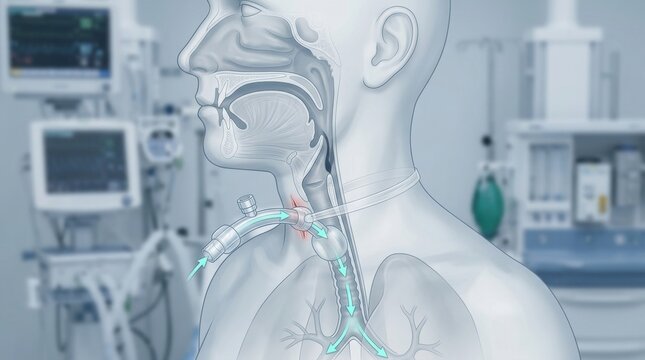 Medical illustration of tracheostomy tube insertion and airflow to lungs