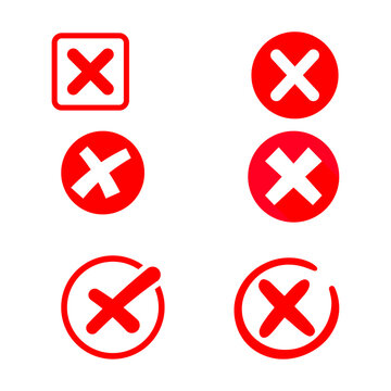 A bold set of glossy red cross, wrong, and cancel mark vector buttons. Ideal for interactive user interfaces, survey forms, error notification screens, and digital grading evaluation designs.