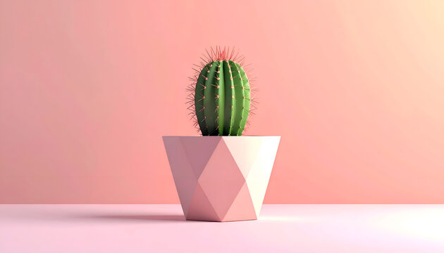 Barrel cactus in geometric pink pot on light coral background succulent with spiky needles minimal interior decoration with vibrant color modern design