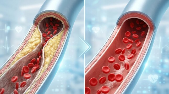 Comparison of healthy artery versus artery with plaque buildup and cholesterol deposits