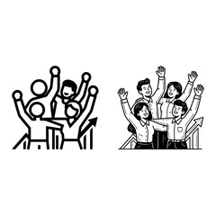 Obraz premium Business success icons, teamwork illustrations, people celebrating, hand raised