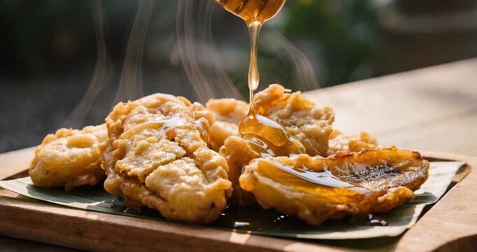 Golden fried bananas drizzled with sweet honey, served hot on a banana leaf and wooden board, creating a delicious and inviting dessert.