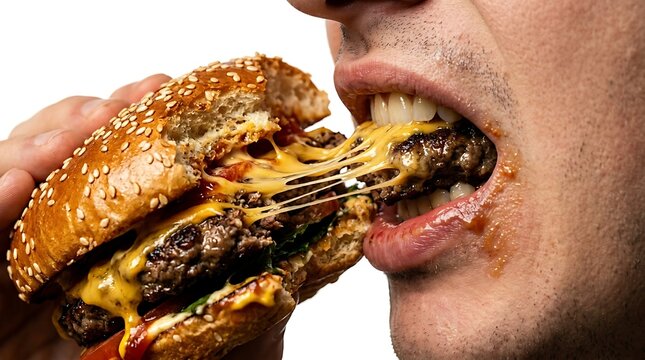 Close-up of a person taking a big bite of a delicious cheeseburger with melting cheese, cheeseburger