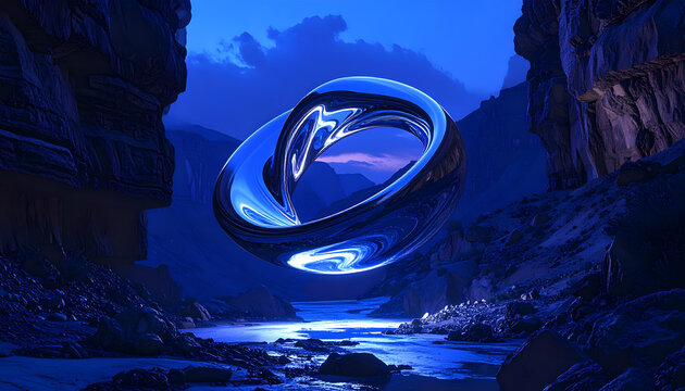 Chrome torus sculpture reflecting mountain scenery set against a blue twilight sky creating an abstract surreal landscape vista