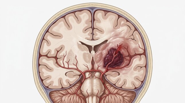 Detailed illustration of brain anatomy with highlighted tumor area