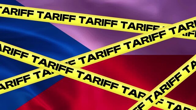 Economic Barrier: Yellow caution tape imprinted with TARIFF stretches across the flag of the Czech Republic, symbolizing trade restrictions and economic challenges.