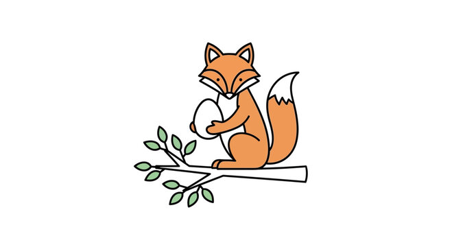 Cute Fox Sitting on Tree Branch Holding an Egg, Whimsical Illustration