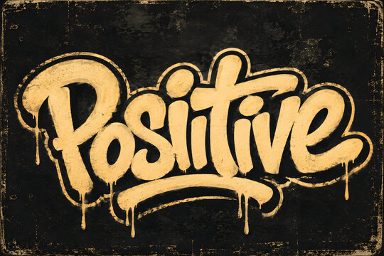 Gold graffiti text positive message on black distressed background with dripping paint effect