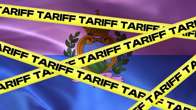 Tariff Barrier: Yellow caution tape with the word TARIFF printed repeatedly crisscrosses over a waving flag with a coat of arms, symbolizing trade restrictions and economic barriers.