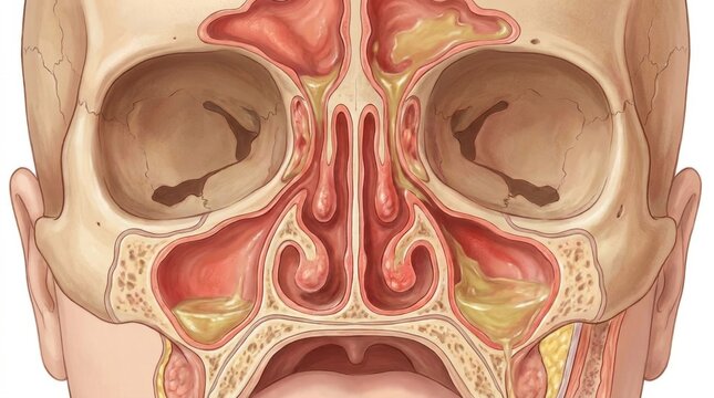 Detailed illustration of inflamed paranasal sinuses with mucus buildup