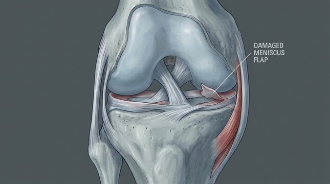 Anatomical illustration of a damaged knee meniscus flap with ligaments and bones