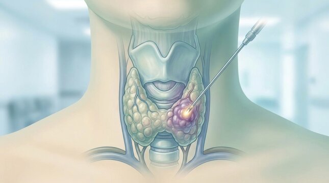 Medical illustration of thyroid nodule biopsy procedure with needle insertion