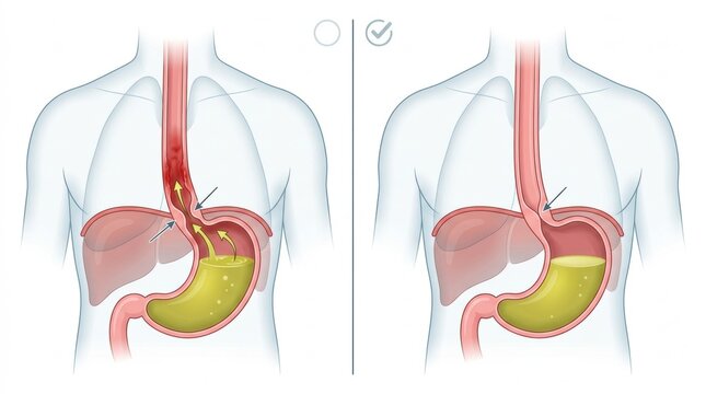 Diagram showing hiatal hernia and normal stomach anatomy side-by-side
