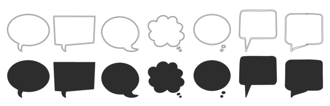 Communication concept. Speech bubbles hand drawn icon collection. dialog boxes isolated set. communication, dialogue, thoughts, ideas, chat, vector illustration.