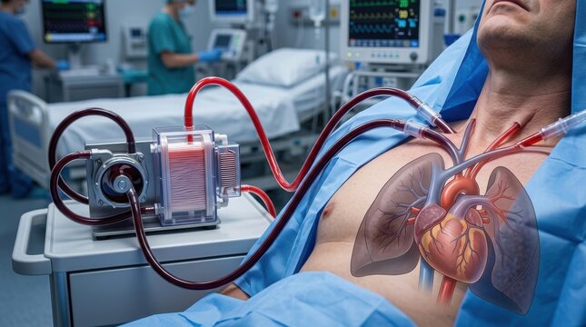 Patient undergoing ECMO therapy with heart and lungs illustration
