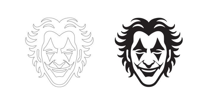 A stylized illustration of a clown with a sinister grin, dark, curly hair, and exaggerated features perfect for related to comedy, entertainment, horror theme. grinning jester face in black and white.
