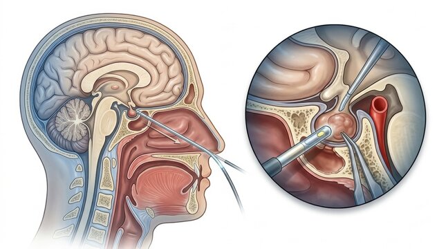 Endoscopic pituitary surgery illustration showing transsphenoidal approach to the brain