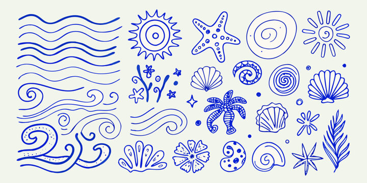 hand drawn nautical doodle set in blue ink featuring shells waves and marine life