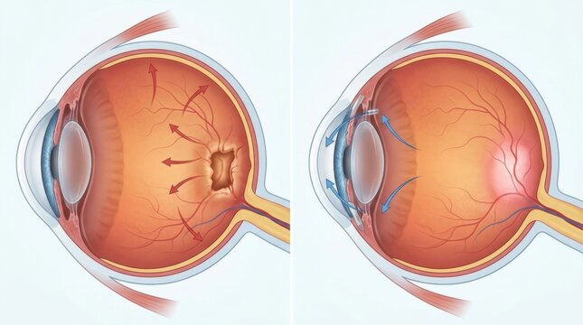 Diagram illustrating macular hole formation and surgical repair in the human eye