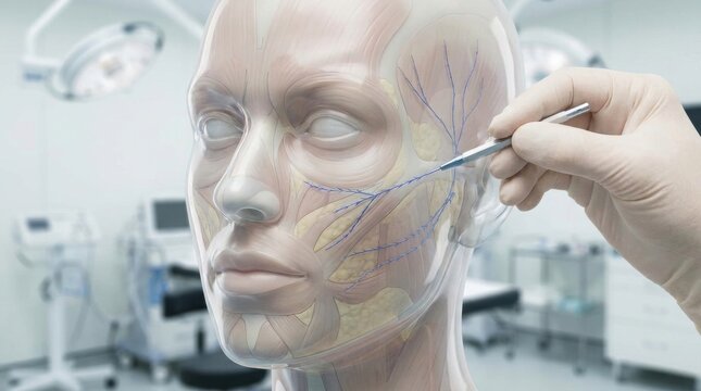 Cosmetic surgeon demonstrates thread lift procedure on anatomical face model