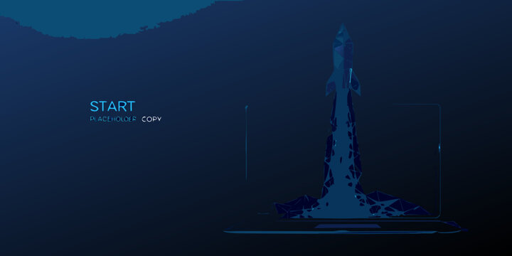 Blue wireframe rocket launching from a laptop screen digital illustration with text