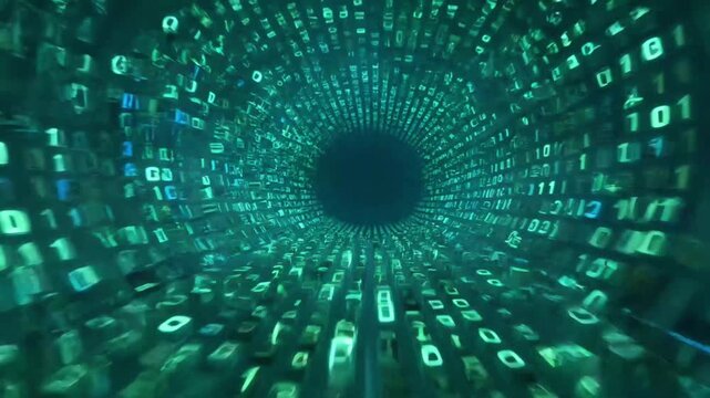 Abstract matrix style data stream tunnel with glowing green numbers for digital technology concept