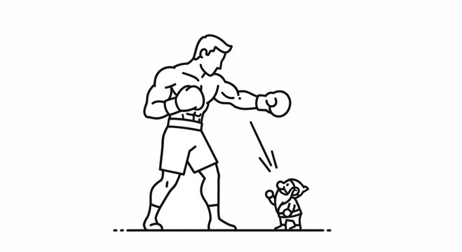 Boxer fighting a small gnome, concept of unequal struggle, David and Goliath