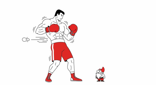 Boxer Fighting Tiny Opponent, David vs Goliath Concept, Sports Illustration