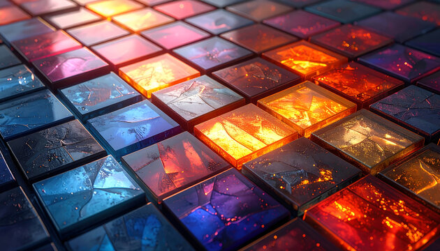 Colorful abstract squares mosaic tile pattern background with vibrant textured glass elements and geometric design for artistic backdrops