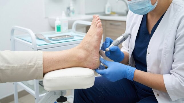 Podiatrist performing callus removal on a patient's heel with an electric file