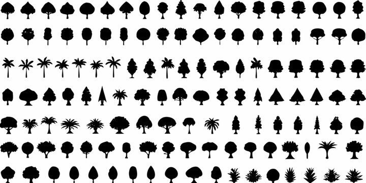 collection of black tree silhouettes arranged in a systematic grid on a white background