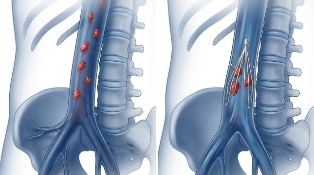 Medical illustration shows blood clots in a vein being captured by a vena cava filter