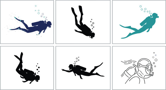 Scuba Diver Silhouette and Underwater Exploration Icon Collection with Marine Adventure Vector Illustrations