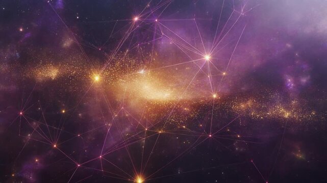 Cosmic Galaxy Formation with Golden and Purple Hues Featuring Glowing Stars Connected by Luminous Web-Like Lines Against Deep Space Background Symbolizing Astronomy and Digital Connectivity