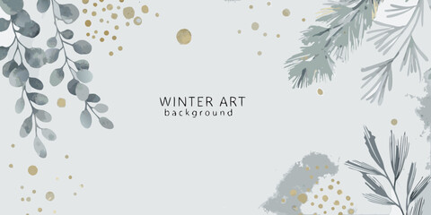 watercolor eucalyptus leaves and pine branches with gold accents on a light gray background © Bebdas