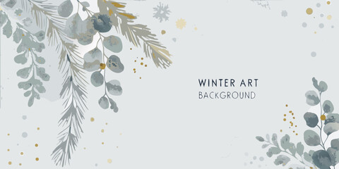 watercolor eucalyptus branches and pine needles with golden accents on a light gray background © Bebdas