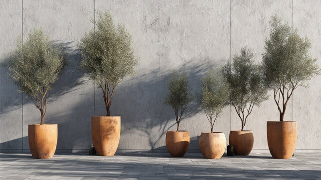 Several potted ornamental trees stand aligned against a textured concrete wall in bright sunlight