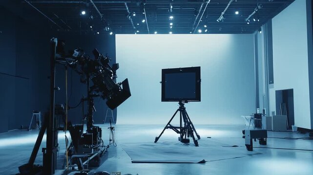 Professional studio space with camera, lights and empty stage set against a white cyclorama, ready for tv, film and video production, broadcasting and content creation