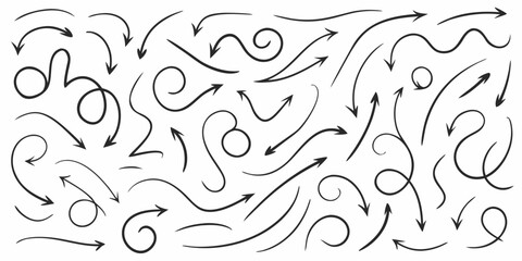 Fototapeta premium collection of hand drawn black ink arrows swirling and direct on a white background