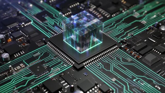 Close-Up of Computer Motherboard with Central Microchip and Glowing Translucent Cube Surrounded by Electronic Components and Circuit Traces Representing Advanced Computing Technology